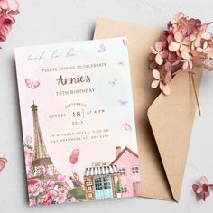 a birthday card with the eiffel tower in paris on it and pink flowers