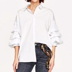 Genuine Zara New With Tag Material: Cotton Color:White Classic White Button Up With Dramatic Sleeves. Looks Great With Jeans Chic White Blouse With Roll-up Sleeves, Cotton Blouse With Cuffed Sleeves For Day Out, Spring White Shirt With Cuffed Sleeves, White Chic Shirt With Cuffed Sleeves, White Shirt With Cuffed Sleeves For Spring, Elegant White Top With Roll-up Sleeves, Elegant White Tops With Roll-up Sleeves, Zara Cotton Blouse With Buttons, White Blouse With Roll-up Sleeves For Spring