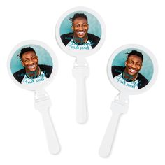 three personalized photo lollipops with the same person on them, one is smiling