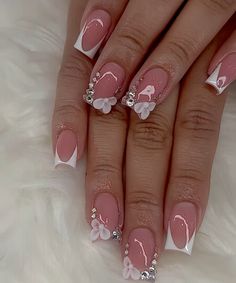 Western Nails Short, French Tip With Flowers, Short Frenchies, White Frenchies, Plain Acrylic Nails, Medium Acrylics, Pink Tip Nails, Quinceanera Nails, Western Nails