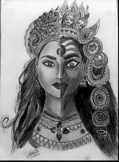 a pencil drawing of a woman's face with an elaborate headdress on