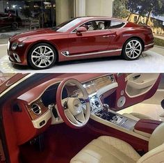 the inside and outside view of a red bentley mullinett coupe with white leather seats