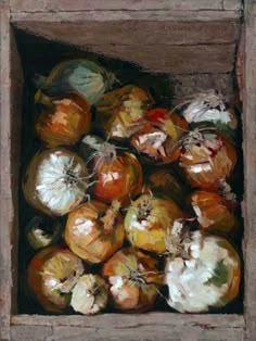 an oil painting of onions in a box