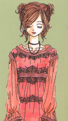 a drawing of a woman wearing a pink dress with ruffles on her shoulders