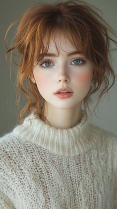 a doll with red hair and blue eyes wearing a white turtle - neck sweater, posing for the camera