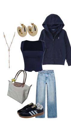 Haut bleu marine , jean bleu , veste bleu marine Ralph Lauren, samba bleu marine , bijoux dorés , sac bleu longchamps Inspi Outfit, Marine Outfit, Jean Outfits, Outfit Of The Day, Ralph Lauren, Outfit Inspo, Denim Outfits