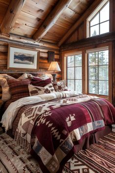 a bed in a bedroom with wooden walls and ceiling beams, along with a rug on the floor