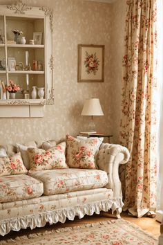 a living room filled with furniture and flowers on the wall next to a large window