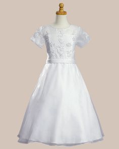 White Communion Baptism Dress with Sheer Neckline and Organza Skirt 1 Elegant First Communion Dress With Short Sleeves For Pageants, Elegant First Communion Dress With Fitted Bodice, Elegant Short Sleeve First Communion Dress With Fitted Bodice, Elegant First Communion Dress With Short Sleeves, Fitted Short Sleeve First Communion Dress, Fitted First Communion Dress With Short Sleeves, Fitted Short Sleeve Baptism Dress For Pageants, Fitted Short Sleeve Baptism Dress For Pageant, White Short Sleeve First Communion Dress For Pageant