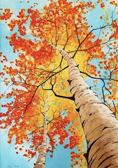 a painting of two tall trees with autumn leaves on the tree tops and blue sky in the background