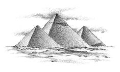 an ink drawing of pyramids in the ocean