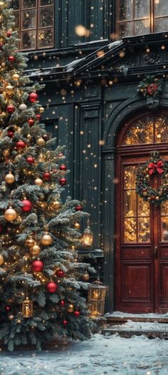 a christmas tree in front of a building with lights and decorations on the door, surrounded by snow