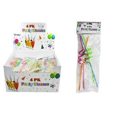 four birthday party straws in a gift box