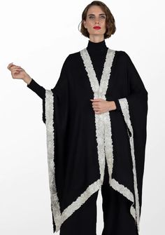 Black Wool And Silk Wrap With An Ivory Floral Embroidery Border Floral Embroidery Border, Gara Embroidery, Long Poncho, Embroidery Border, Elegant Drapes, Black Wrap, Silk Wrap, Black Wool, Wrap Style