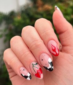 🏁🍒🖤 Ib: @landofhands . . . . . . . . . . . #nailinspo #mixmatchnails #summernails #cherrynails #flamenails #gelx #gelxnails #bostonnails #bostonnailtech #nailsbysarai #uñas #uñasdecoradas #uñasacrilicas Flames Design Nails, Fire Design Nails Acrylic, Neutral Flame Nails, Red Flame French Tip Nails, Holographic Flame Nails, Graphic Nails Designs, Heart Fire Nails, Red Flame Nail Designs, Nail Fire Art