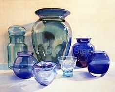 a painting of blue vases and glasses on a white tablecloth with a wall in the background