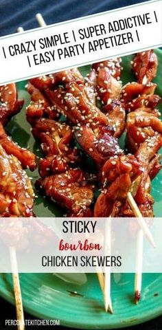 chicken skewers on a green plate with text overlay