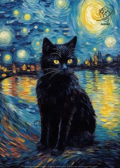 a painting of a black cat sitting in front of a night sky