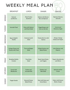 the weekly meal plan is shown in green