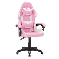 a pink office chair with white trimmings on the back and arms, sitting in front of a white background