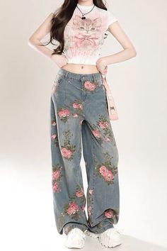 floral print wide jeans, blue floral denim pants with rose print, cute jeans, aesthetic baggy jeans Wide Leg Denim Pants With Floral Print, Floral Print Wide Leg Jeans With Relaxed Fit, Floral Print Wide Leg Relaxed Fit Jeans, Relaxed Fit Wide Leg Jeans With Floral Print, Relaxed Fit Wide Leg Floral Print Jeans, Casual Floral Print Straight Leg Jeans, Casual Straight Leg Floral Print Jeans, Floral Print Wide Leg Denim Bottoms, Casual Wide Leg Jeans With Floral Print