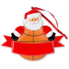 a christmas ornament with a santa clause on it's chest and a red ribbon around the neck