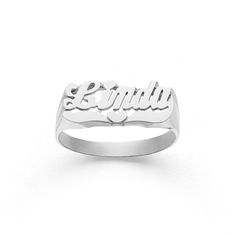 This LEE103 name ring is a classic but timeless jewelry with script letters and lovely heart tail. Personalize this custom ring with the name of your choice. Treat yourself or make it a gift for loved ones, birthdays, anniversaries, or celebrations. * Personalize with name up to 8 characters (only first letter is capitalized) * 10k Yellow or White Solid Gold (weighs about 2.0g to 2.4g) * 14k Yellow, White, or Rose Solid Gold (weighs about 2.1g to 2.6g) * Measures approx. 7.5mm from first initial Classic Engraved Ring With Custom Name For Promise, Classic 14k Gold Engraved Ring With Custom Name, Classic Silver Rings With Names, Classic Personalized Heart Ring For Promise, Classic Engraved Heart Ring For Promise, Classic Personalized Heart Promise Ring, Classic Personalized Nameplate Engraved Ring, Classic Personalized Engraved Nameplate Ring, Classic Promise Ring With Custom Name