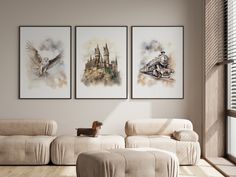 a living room with three paintings on the wall and a couch in front of it