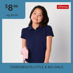 Closure Type: ButtonFit: Regular FitNeckline: Collar NeckSleeve Length: Short SleeveSleeve Style: Fitted SleeveApparel Length: 22.75 InchesFiber Content: 60% Cotton, 40% PolyesterFabric Description: JerseyCollar: Spread CollarCare: Tumble Dry, Machine WashCountry of Origin: Imported Blue Short Sleeve Top For School Events, Blue Cotton Top For School Events, Blue Cotton Tops For School Events, Casual Blue Tops For Back To School, Casual Blue Tops For School Events, Blue Tops For Back To School Events, Blue Tops For Back To School, Polo Shirt Girl, Short Sleeve Polo