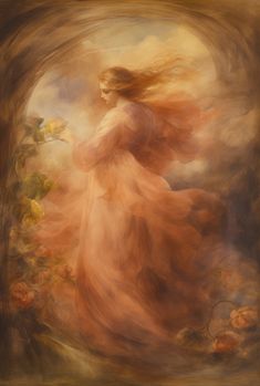 a painting of a woman in a flowing dress with her hair blowing in the wind