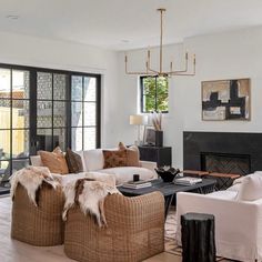 a living room filled with furniture and a fire place in front of a glass door