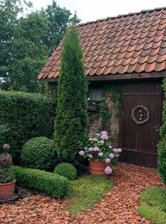 a garden with potted plants next to a wooden door and brown shingled roof