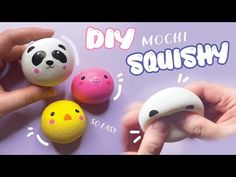 three squishy toys are being held by two hands