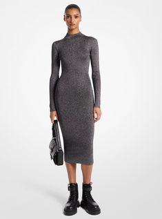 Metallic Knit Mock Neck Dress Metallic Knit, Metallic Yarn, Mock Neck Dress, Michael Kors Collection, Mock Neckline, Leather Shops, Strappy Heels, Dress Backs, How To Take Photos