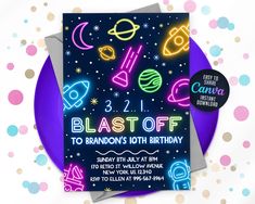 an image of a birthday card with neon lights and space related items on the front