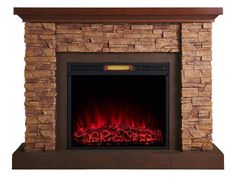 an electric fireplace with red flames on the side and brown brick surrounds, against a white background