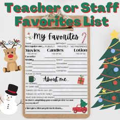 a teacher or staff favorite list with a christmas tree and snowman on the side