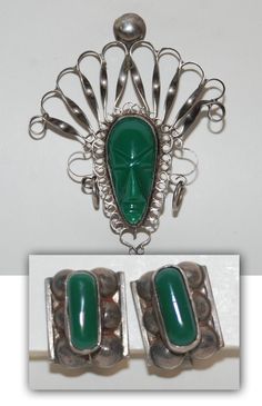 This is a vintage brooch pin in sterling silver with a pair of clip earrings and is most likely green onyx. This is not a true set, but is being sold together. All in good condition with no restoration or repairs, but may show signs of wear consistent with normal use. We have not cleaned this. All sales are final, please be sure when you buy; please view all pics for size and detail, they constitute part of the description.  SKU# r54.0513 - 128.044 Buying and selling antiques since 1969, everything we sell is guaranteed to be vintage or antique. REALLY IMPORTANT STUFF YOU NEED TO READ, because we'll know if you didn't. * RETURNS: All Sales are Final. Sorry, no refunds, returns, or exchanges unless the item has been grossly misrepresented in the description or pics. All of our items are vin Vintage Green Cabochon Earrings, Green Sterling Silver Brooch Jewelry, Sterling Silver Green Brooch, Vintage Green Brooch Jewelry, Green Sterling Silver Brooch, Vintage Green Sterling Silver Jewelry, Antique Green Clip-on Jewelry, Vintage Green Clip-on Jewelry, Mid-century Green Collectible Jewelry