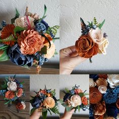 four different bouquets of flowers being held up by someone's hand, all in various colors