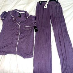 Bebe Women’s/Juniors Pajamas New With Tags - Purple 2 Piece Set Fitted Cotton Sets For Relaxation, Purple Cotton Sleepwear For Relaxation, Purple Summer Bedtime Sets, Purple Cotton Sleepwear For Loungewear, Purple Cotton Sleepwear Set, Purple Relaxed Fit Sleepwear For Lounging, Purple Relaxed Fit Loungewear Set, Purple Relaxed Fit Sleepwear For Loungewear, Stretch Purple Sleepwear For Loungewear