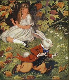 a painting of two children and a rabbit in the woods