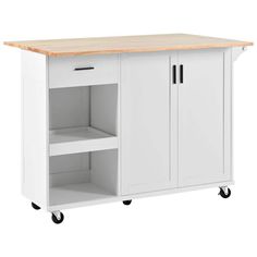 a white kitchen island with wooden top on casteors and two doors, in front of a