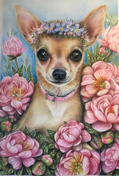 a painting of a chihuahua surrounded by pink flowers