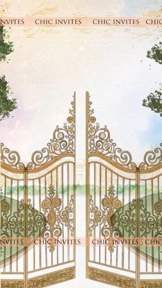 an open gate with trees in the background and text that reads, gates chic