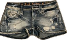 Fitted Rock Style Bottoms For Summer, Fitted Rock Style Festival Bottoms, Blue Distressed Bottoms For Festival, Distressed Blue Bottoms For Festival, Festival Distressed Short Bottoms, Distressed Festival Shorts, Rock Revival Shorts, Dark And Light, Rock Revival