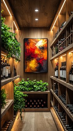 Scandinavian Wine Cellar Ideas: Elegant Design with Natural Elements Natural Wood Shelves, Wine Cellar Ideas, Cellar Ideas, Warm Lighting, Chic Bedroom, Lush Greenery, Modern Interiors, Natural Elements