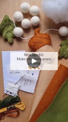 several felt items are laid out on a table with the words new diy kit make you own acorn