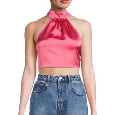 New With Tags Layered Outfit, Cropped Pink, Pink Halter Top, We Wore What, Bandeau Crop Top, Denim Crop Top, Poplin Top, Bohemian Tops, Bralette Crop Top