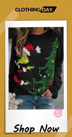 Fun Printed Sleeves Round Neck Pullover Long Sleeve Sweatshirt Holiday Black Long Sleeve Tops, Casual Long Sleeve T-shirt For Winter, Casual Long Sleeve Holiday Tops, Casual Fall Holiday Tops, Holiday Long Sleeve Hoodie For Fall, Casual Christmas Long Sleeve Tops, Casual Graphic Print Sweatshirt For Holiday, Cozy Fit Long Sleeve Top With Letter Print, Casual Holiday Sweater For Fall