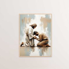 two men kneeling on the ground in front of a painting